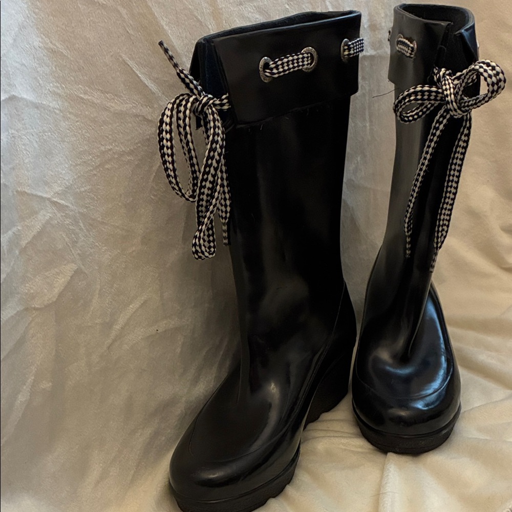 Sperry Top-Sider Tall Wellie Black Rain Boots, Checkered Laces and Wedge Heel